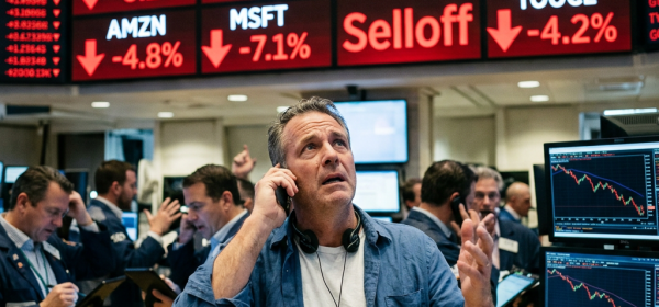 Stock traders responding to tech stock price drops on trading floor