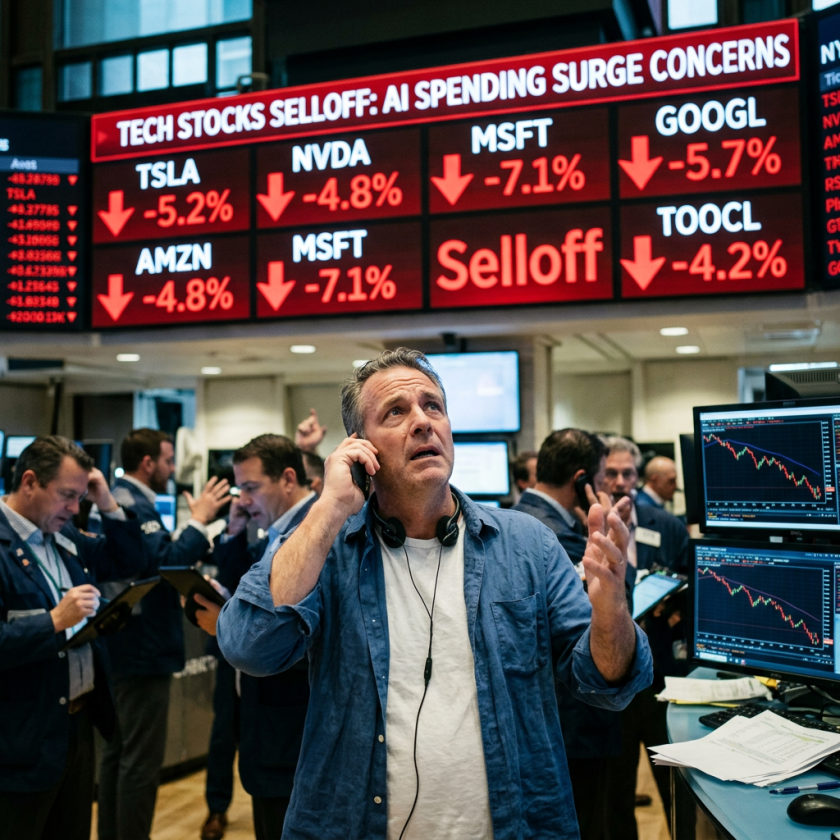 Stock traders responding to tech stock price drops on trading floor