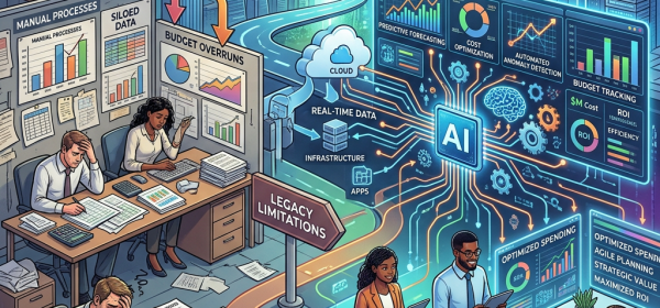 Comparison of legacy IT financial management with manual processes and budget overruns versus AI-powered ITFM with predictive forecasting, cost optimization, and automated anomaly detection