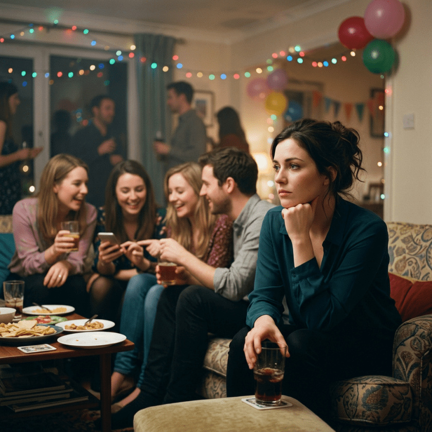 A woman sitting alone on a couch at a party, looking pensive while others chat and laugh