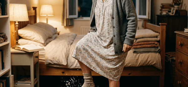 Elderly woman standing in wooden tub filled with salt crystals in bedroom