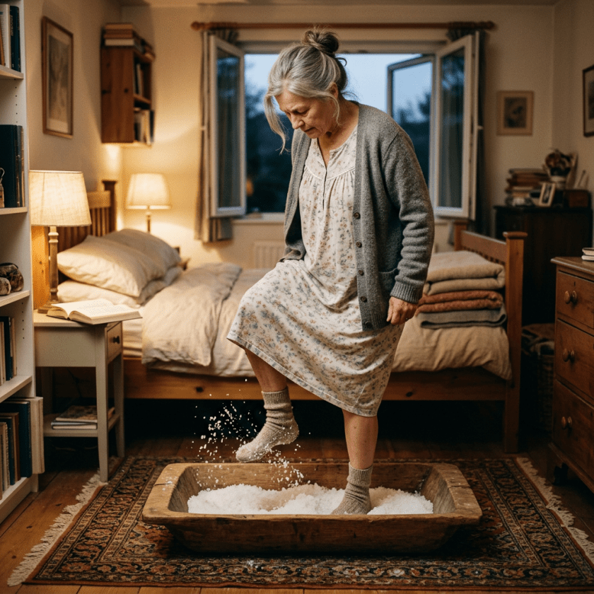Elderly woman standing in wooden tub filled with salt crystals in bedroom