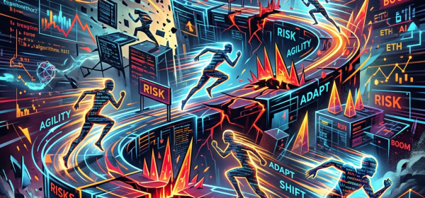 Figures running through a complex path with AI, risk, agility, adapt, and shift concepts displayed