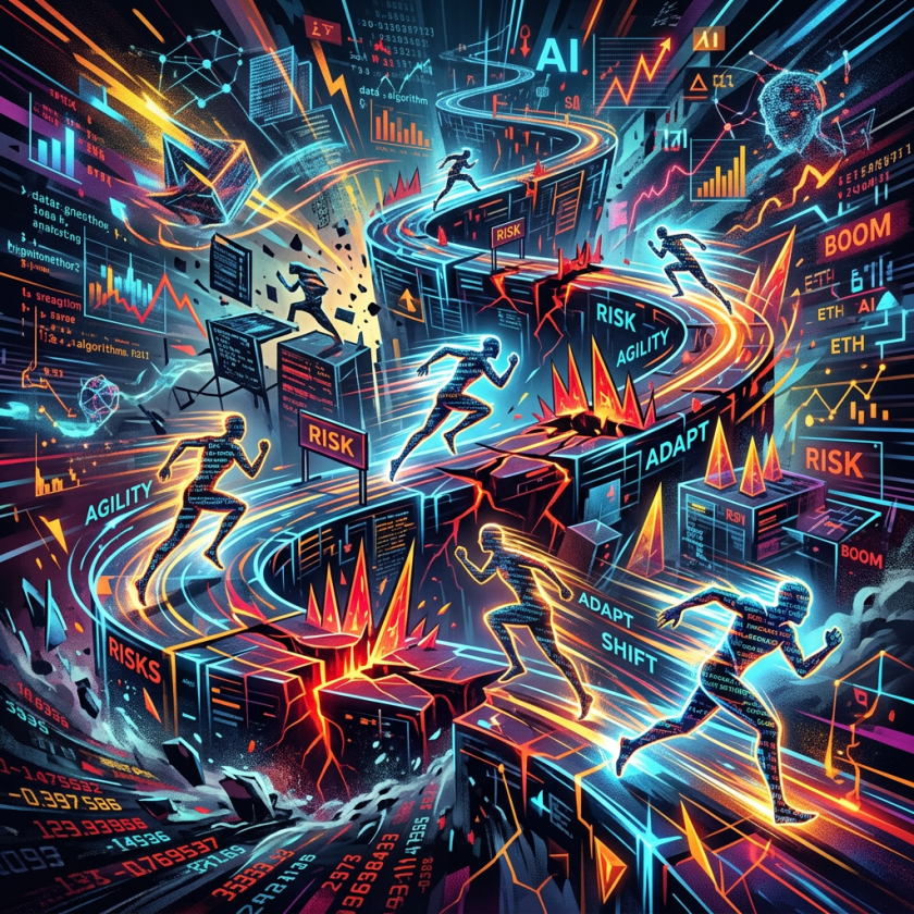 Figures running through a complex path with AI, risk, agility, adapt, and shift concepts displayed
