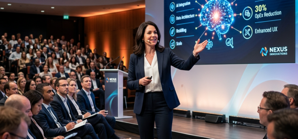 Woman presenting enterprise AI transformation strategies and benefits to business audience