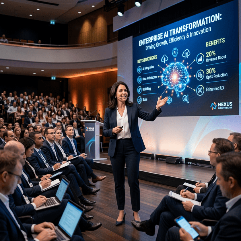 Woman presenting enterprise AI transformation strategies and benefits to business audience