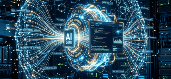 AI core surrounded by neural network data connections labeled with various data sources