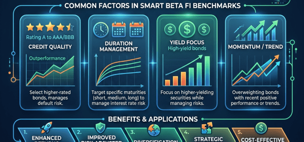 Infographic detailing smart beta fixed income benchmarks, key concepts, common factors, benefits, and comparison to cap-weighted benchmarks.