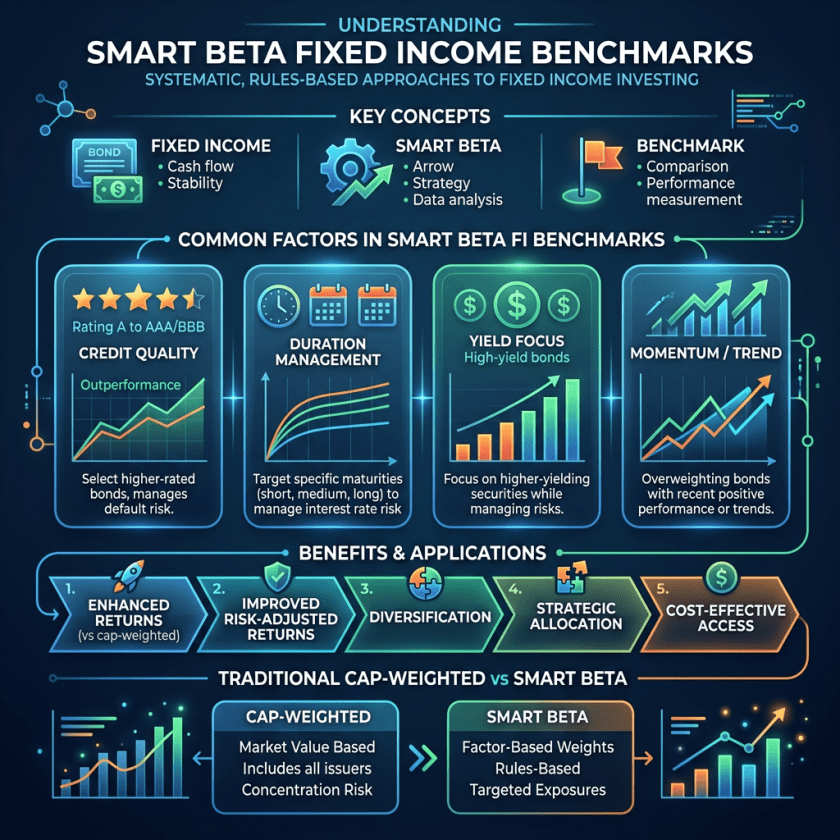 Infographic detailing smart beta fixed income benchmarks, key concepts, common factors, benefits, and comparison to cap-weighted benchmarks.