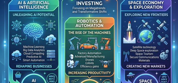 Thematic investing infographic focusing on AI, robotics automation, and space economy sectors with ETF examples and benefits and risks.