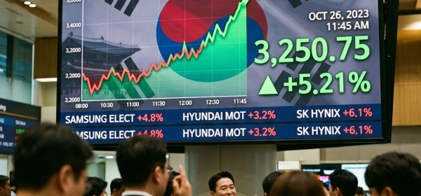 KOSPI stock index graph with upward trend and market performance details