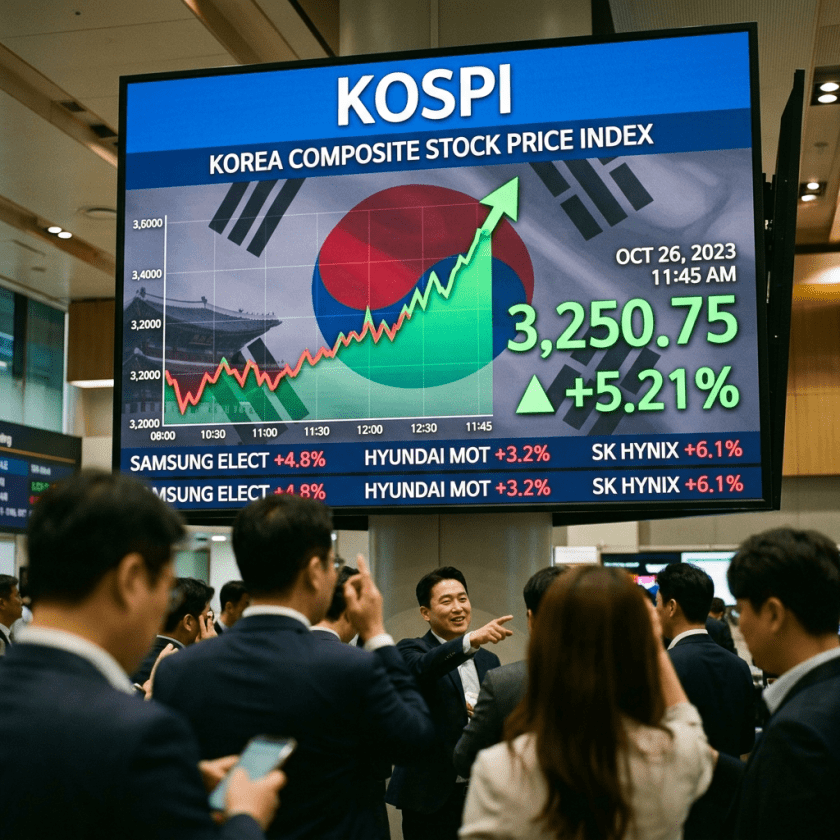 KOSPI stock index graph with upward trend and market performance details