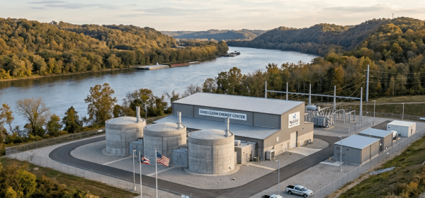 Ohio Clean Energy Center facility with storage tanks near the Ohio River