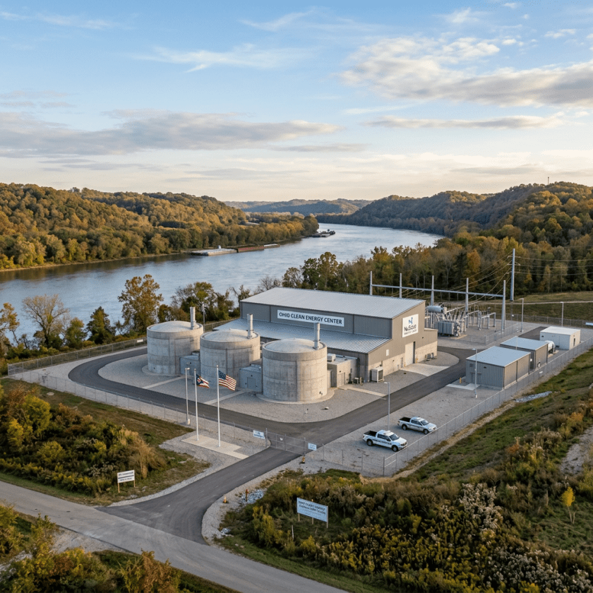 Ohio Clean Energy Center facility with storage tanks near the Ohio River