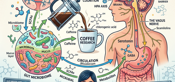 Diagram of gut-brain axis showing coffee impact on microbiome, neurotransmitters, and brain functions