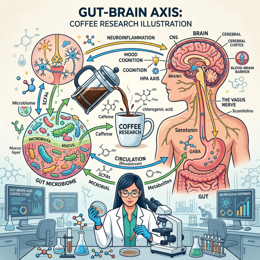 Diagram of gut-brain axis showing coffee impact on microbiome, neurotransmitters, and brain functions