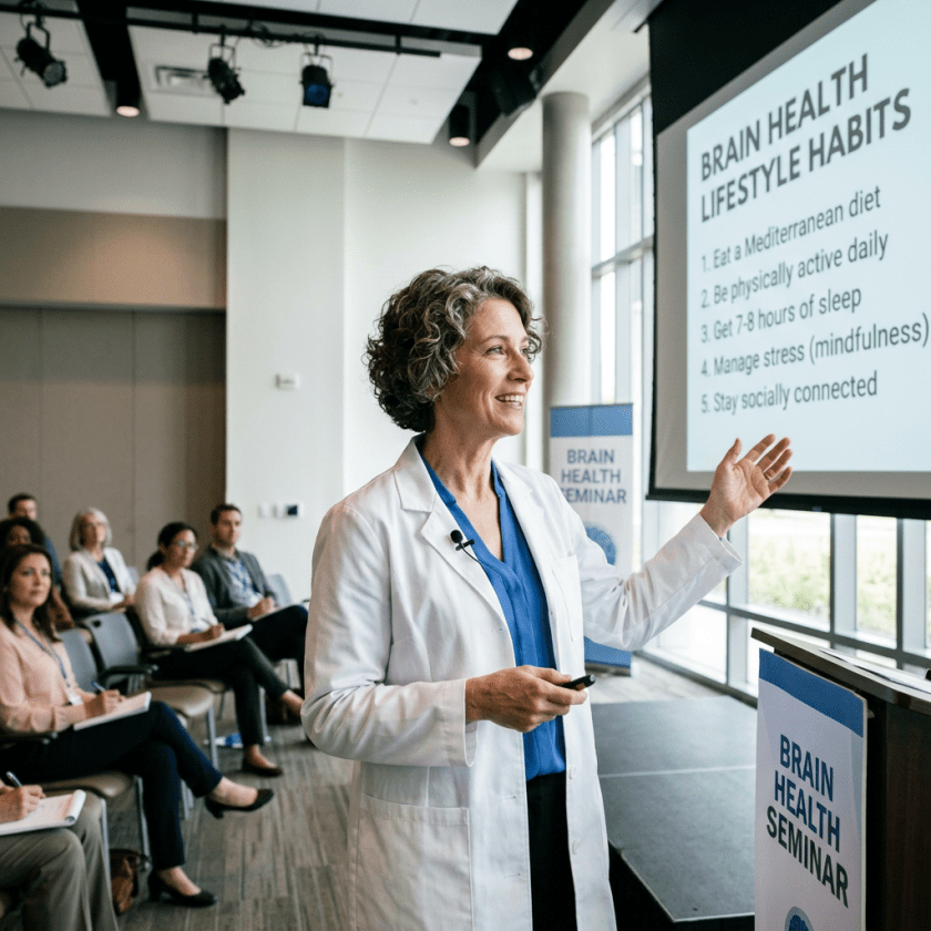 Health professional giving a seminar on brain health lifestyle habits to seated attendees.