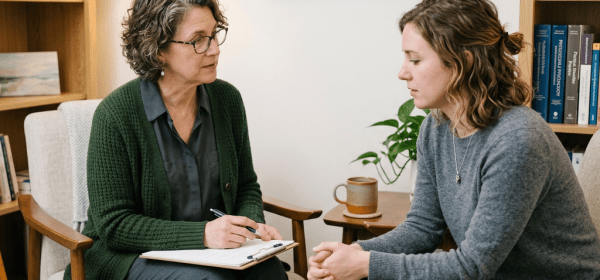 Therapist taking notes while talking to a young woman in a counseling office
