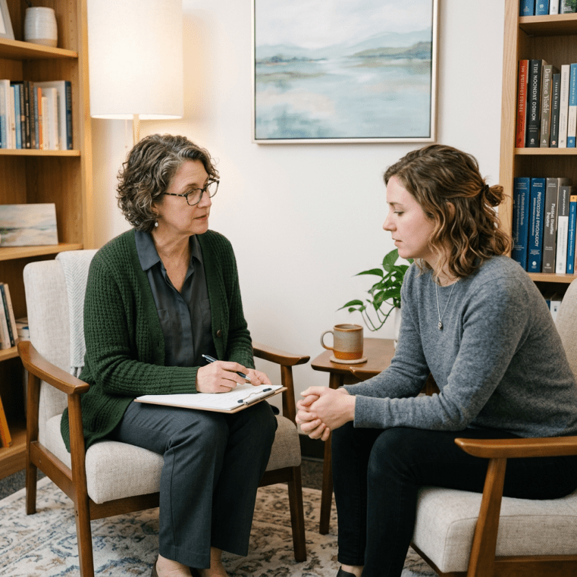 Therapist taking notes while talking to a young woman in a counseling office