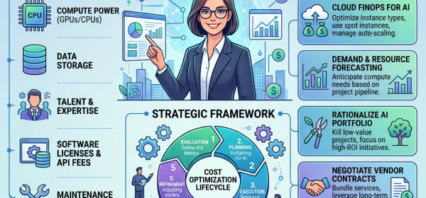 Infographic showing CFO managing AI costs strategy with cost drivers, strategic framework, and actionable strategies