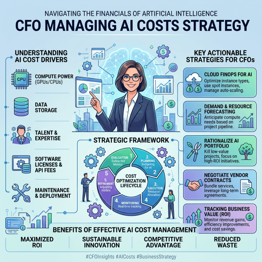 Infographic showing CFO managing AI costs strategy with cost drivers, strategic framework, and actionable strategies