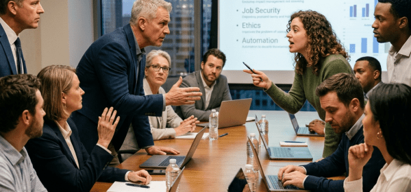Business team discussing AI risks and opportunities in a conference room