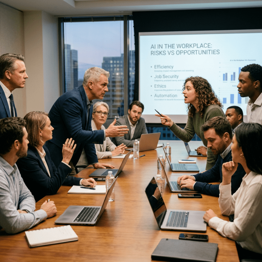 Business team discussing AI risks and opportunities in a conference room