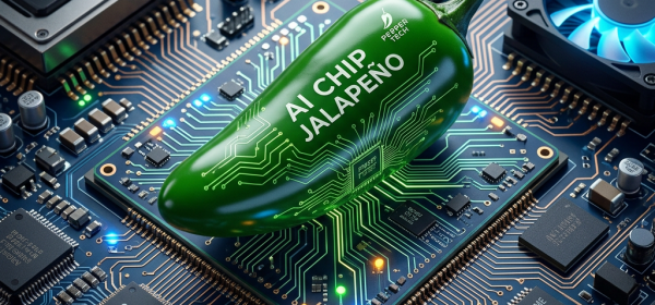 Green jalapeño-shaped AI chip on a computer motherboard with circuit patterns