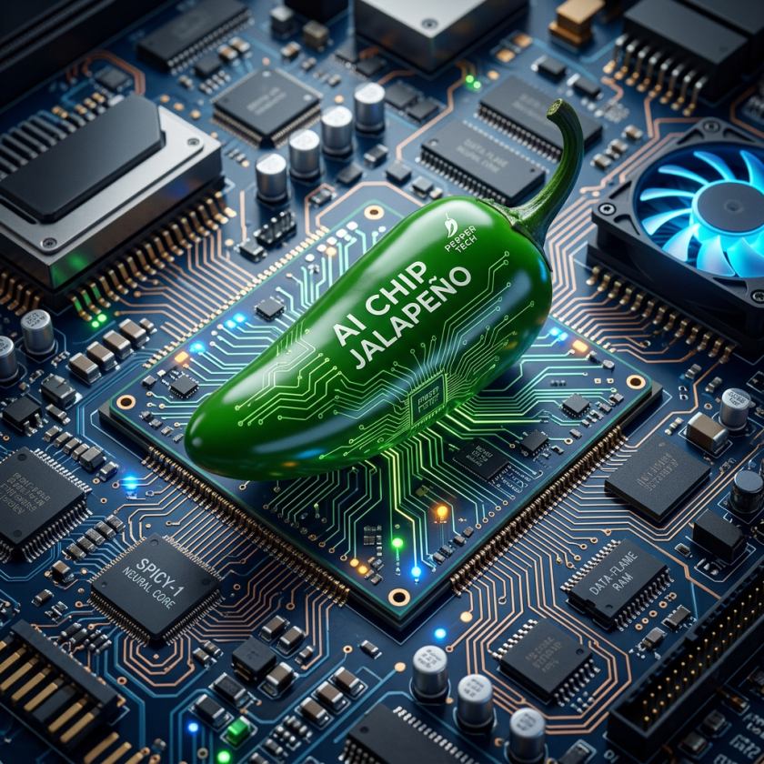 Green jalapeño-shaped AI chip on a computer motherboard with circuit patterns