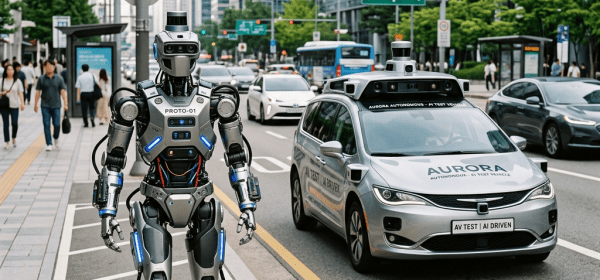 Humanoid robot labeled PROTO-01 walking on city sidewalk next to silver autonomous car labeled AURORA AI DRIVEN