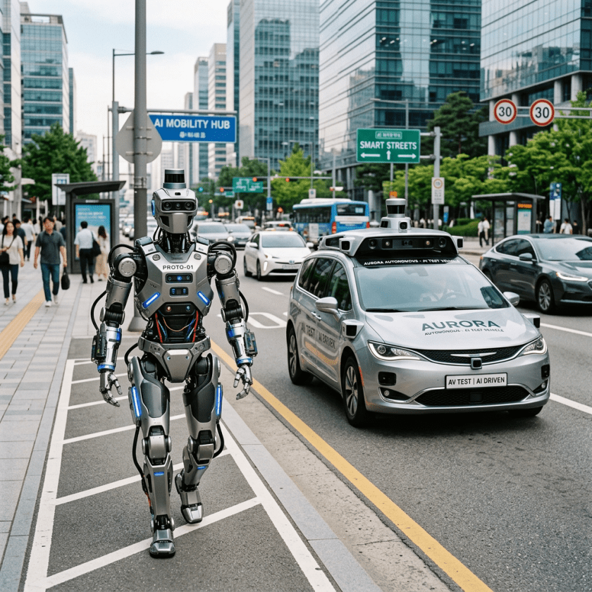 Humanoid robot labeled PROTO-01 walking on city sidewalk next to silver autonomous car labeled AURORA AI DRIVEN