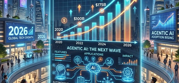 Graph showing AI investment growth from 2020 to 2026 reaching $310 billion, with features and applications of agentic AI including autonomous decision-making and self-optimization.
