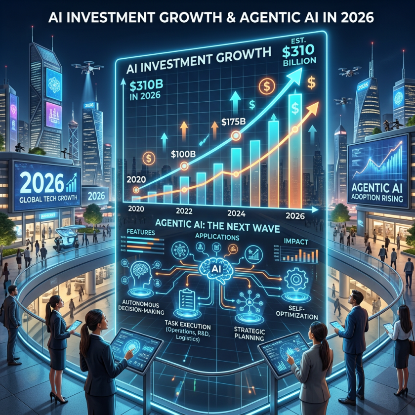 Graph showing AI investment growth from 2020 to 2026 reaching $310 billion, with features and applications of agentic AI including autonomous decision-making and self-optimization.