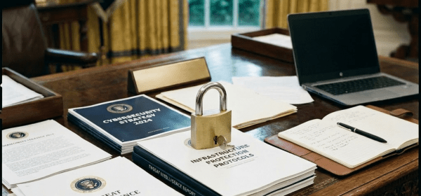 Desk with presidential nameplate, cybersecurity strategy documents, intelligence reports, a locked protocol book, open notebook, and laptop