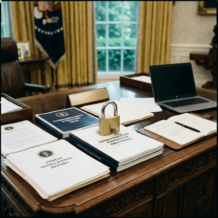 Desk with presidential nameplate, cybersecurity strategy documents, intelligence reports, a locked protocol book, open notebook, and laptop