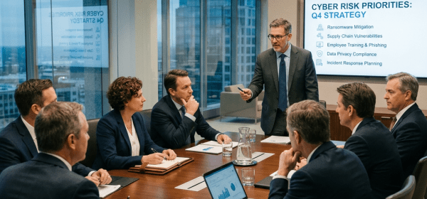 Business professionals in suits discussing cyber risk priorities in a conference room with a presentation screen