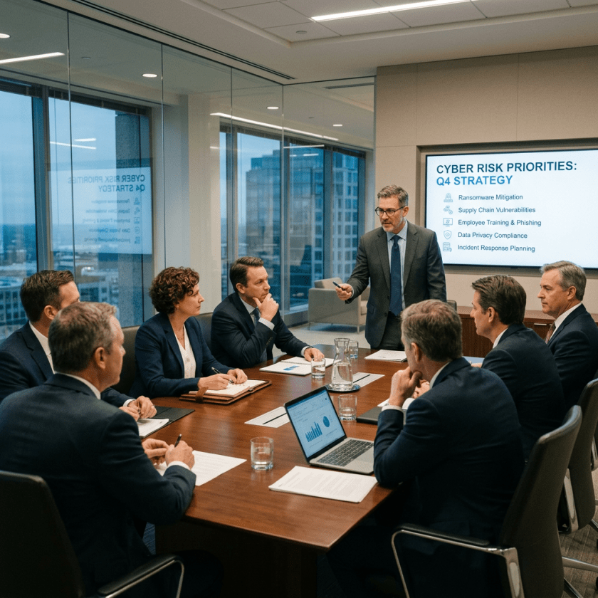 Business professionals in suits discussing cyber risk priorities in a conference room with a presentation screen