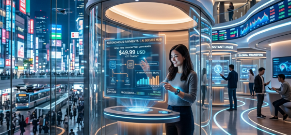 Woman using a holographic quantum secure banking interface displaying transaction and AI verification details