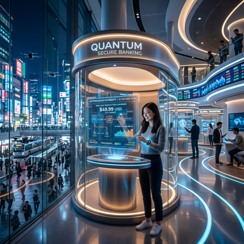 Woman using a holographic quantum secure banking interface displaying transaction and AI verification details
