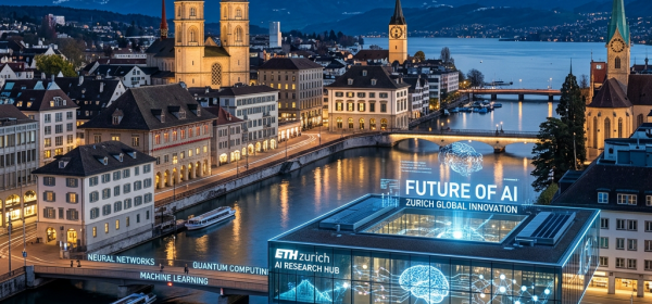 ETH Zurich AI Research Hub building with digital AI and data science graphics in Zurich
