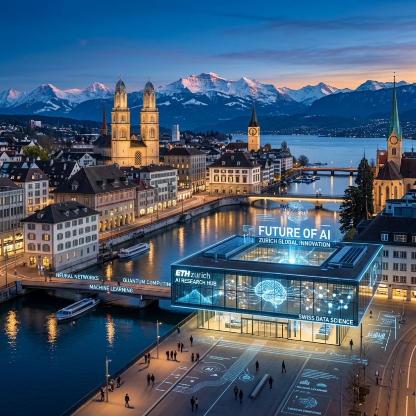 ETH Zurich AI Research Hub building with digital AI and data science graphics in Zurich