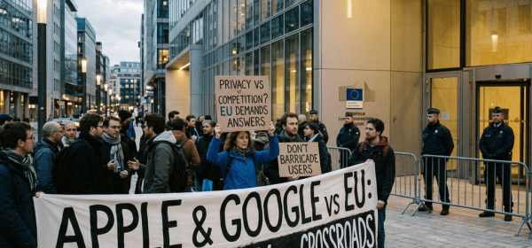 Group of protesters holding banners about mobile security and EU demands outside EU Commission building