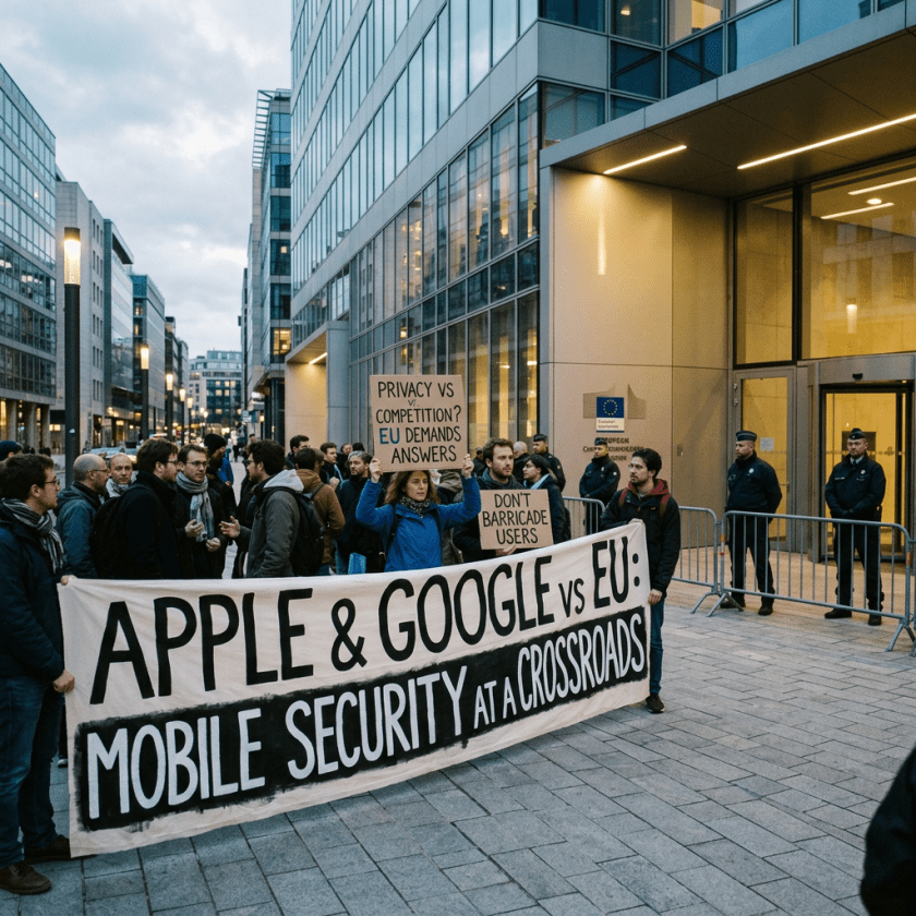Group of protesters holding banners about mobile security and EU demands outside EU Commission building