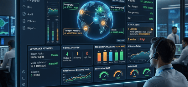 Dashboard showing critical infrastructure AI governance with system status, risk scores, and alerts