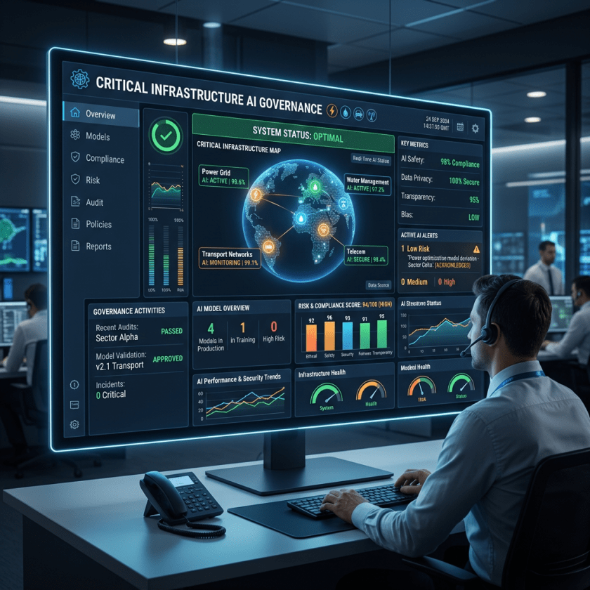 Dashboard showing critical infrastructure AI governance with system status, risk scores, and alerts