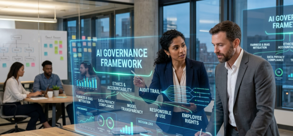 Two professionals collaborating on AI governance framework displayed on transparent digital screen