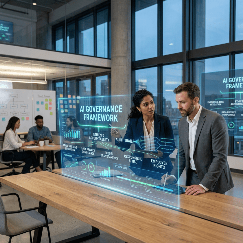 Two professionals collaborating on AI governance framework displayed on transparent digital screen