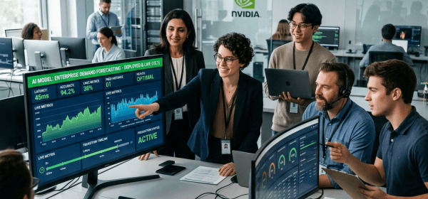 Team analyzing AI demand forecasting and system metrics on large monitors in a high-tech workspace