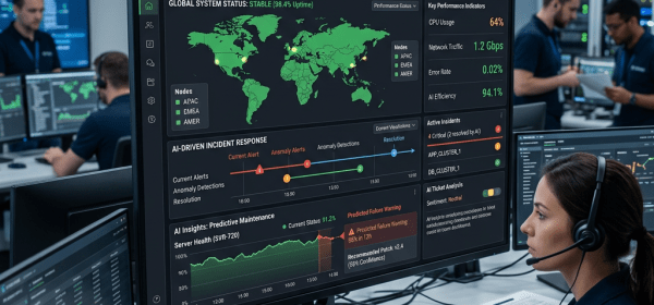 Dashboard showing global system status, AI-driven incident response, predictive maintenance, and performance metrics
