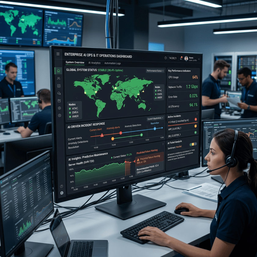 Dashboard showing global system status, AI-driven incident response, predictive maintenance, and performance metrics